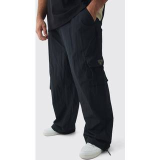 Mens Plus Crinkle Nylon Cargo Parachute Trousers In Black