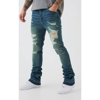 Mens Vintage Blue Skinny Stretch Stacked Flared Ripped Jeans