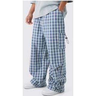 Mens Blue Woven Check Parachute Cargo Trousers
