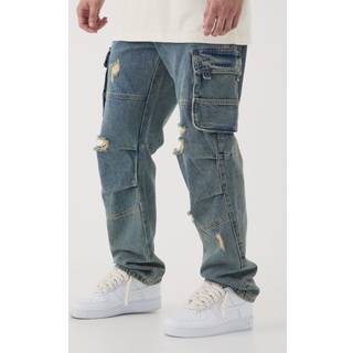 Mens Mid Wash Tall Distressed Cargo Relaxed Fit Jeans
