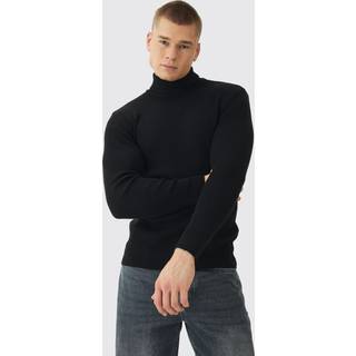 Mens Muscle Fit Ribbed Knit Roll Neck Jumper In Black