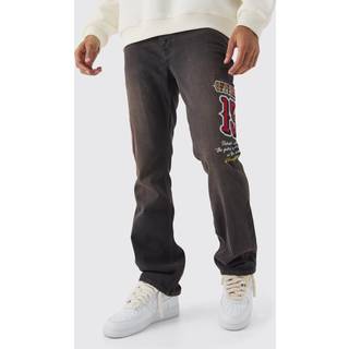 Mens Brown Slim Rigid Flare Varsity Moto Denim Jeans