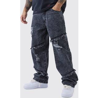 Mens Black Relaxed Fit Acid Wash Ripped Frayed Jeans