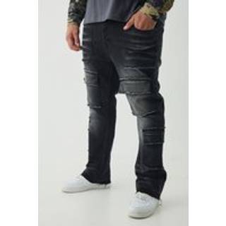 Mens Washed Black Plus Raw Seam Detail Stretch Skinny Cargo Flared Jeans