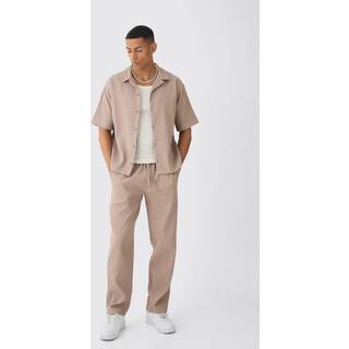 Mens Mocha Oversized Short Sleeve Pleated Shirt & Straight Trouser