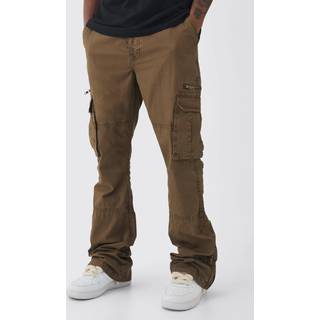 Mens Tall Slim Flare Zip Gusset Overdye Acid Wash Cargo Trouser In Chocolate