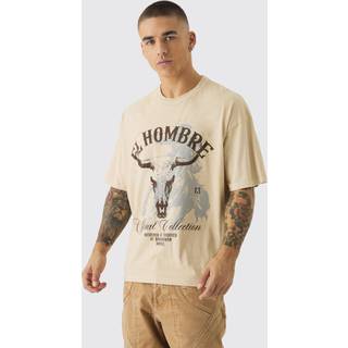 Mens Ecru Oversized Boxy Washed Western Print T-Shirt