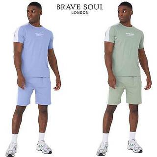 Brave Soul Herre Watson T-shirt og Shorts Sæt Baby Blå/Marineblå