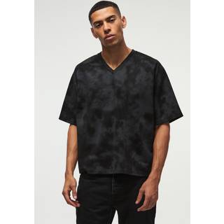 Mens Black Oversized Super Heavy Boxy Faux Suede Textured V Neck T-Shirt