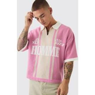 Mens Pink Oversized Boxy Football Knitted Polo