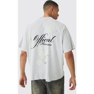 Mens Light Grey Oversized Extended Neck Washed Dove Back Print T-Shirt