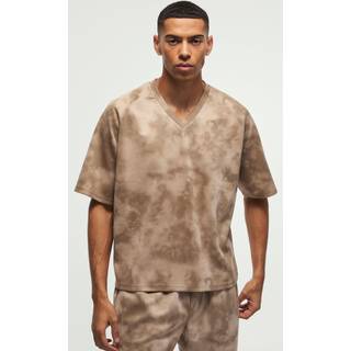 Mens Chocolate Oversized Super Heavy Boxy Faux Suede Textured V Neck T-Shirt