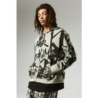 Mens Taupe Oversized Boxy Graffiti Print Zip Through Loopback Hoodie