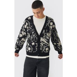 Mens Black Oversized Boxy Brushed All Over Jacquard knitted Cardigan