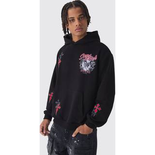Mens Black Oversized Loopback Gothic Applique Graphic Print Hoodie