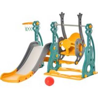 HOMCOM 3-IN-1 Kids Swing and Slide Set with Basketball Hoop Slide Swing Adjustable Seat Height Toddler Playground Activity Center Indoor and Outdoor