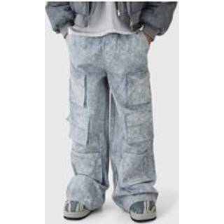 Mens Light Grey Elasticated Waist Super Baggy Heavyweight Washed Multi Cargo Trousers