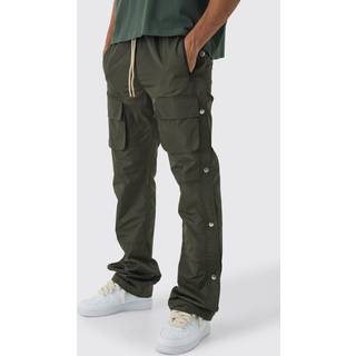 Mens Khaki Elasticated Waist Slim Flare Stacked Cargo Trousers