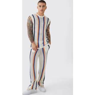 Mens Stone Oversized Open Stitch Stripe Knitted vest & Trouser Set