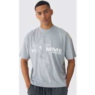 Mens Grey Marl Oversized Boxy Homme Star Puff Print T-Shirt