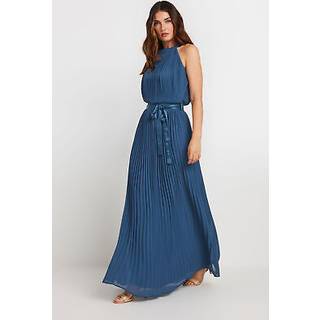 Lts Tall Women's Blue Halterneck Pleated Maxi Dress Size 24
