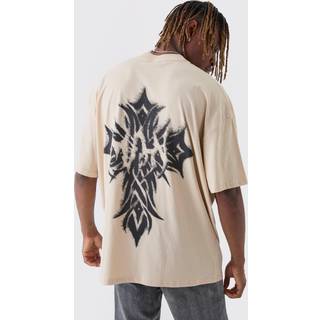 Mens Sand Tall Oversized Extended Neck Worldwide Gothic Cross Print T-Shirt