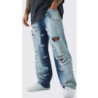 Mens Indigo Baggy Fit Double Boxer Waistband All Over Ripped Jeans