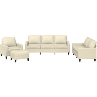 Sofasæt 3 Dele Kunstlæder - Creme / med hynder og fodskamler