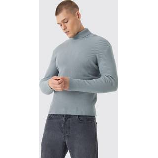 Mens Muscle Fit Ribbed Knit Roll Neck Jumper In Grey