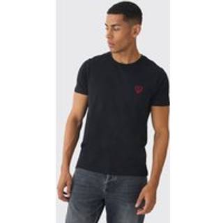 Mens Black Regular Fit Broken Heart Embroidered T-shirt