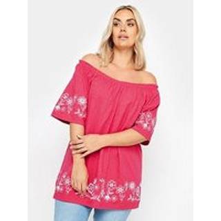 Yours Curve Yours Curve Pink 100% Cotton Embroidered Detail Bardot Top