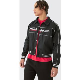 Mens Boxy Twill Moto Collared Bomber Jacket In Black