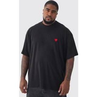 Mens Black Plus Oversized Extended Neck Heart Embroidered T-Shirt