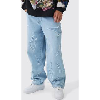 Mens Light Blue Baggy Rigid All Over Raw Edge Applique Jeans