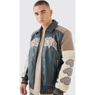 Mens Badge Detail Colour Block Pu Varsity Jacket In Black