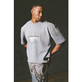 Mens Charcoal Premium Oversized Boxy Washed & Printed T-shirt