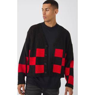 Mens Black Oversized Fisherman Rib Boucle Checkered Knitted Cardigan