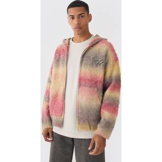 Mens Red Oversized Boxy OFCL Brushed Ombre Stripe Knitted Zip Through Hoodie