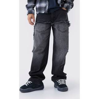 Mens Washed Black Relaxed Rigid Faux Layer Denim Jeans