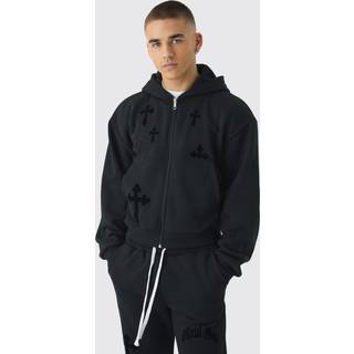 Mens Black Shrunken Zip Through Flocked Cross Hoodie