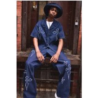 Mens Indigo Baggy Fit Raw Edge Denim Cross Applique Jeans