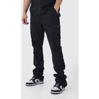 Mens Tall Slim Flare Zip Gusset Overdye Acid Wash Cargo Trouser In Black