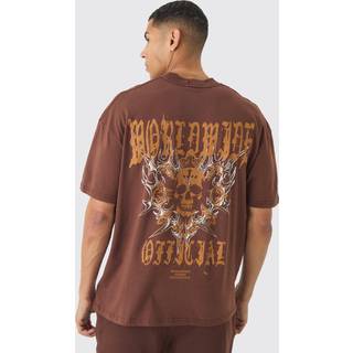 Mens Chocolate Oversized Boxy Extended Neck Distressed Skull Print T-Shirt