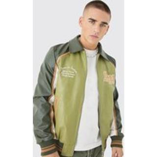 Mens Bm Badge Collared Pu Varsity Jacket In Green