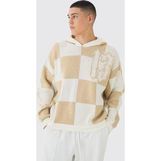 Mens Ecru Oversized Boxy Jacquard 13 Checkered Knitted Hoodie