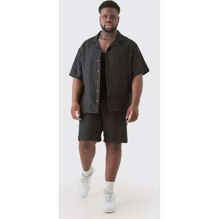 Mens Plus Short Sleeve Drop Revere Linen Shirt & Short Set In Black