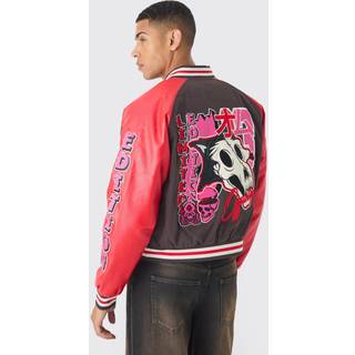 Mens Boxy Twill Limited Badge Pu Sleeve Varsity Jacket In Red