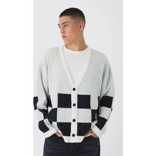 Mens Ecru Oversized Fisherman Rib Boucle Checkered Knitted Cardigan