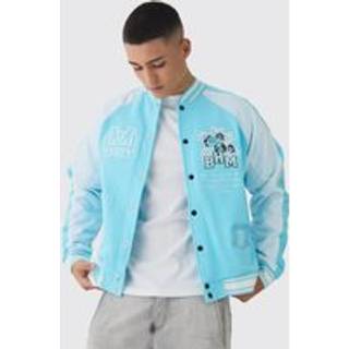 Mens Slate Blue Oversized Boxy Floral Applique Jersey Varsity Jacket
