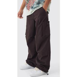 Mens Dark Brown Fixed Waist Baggy Twill Cargo Trousers